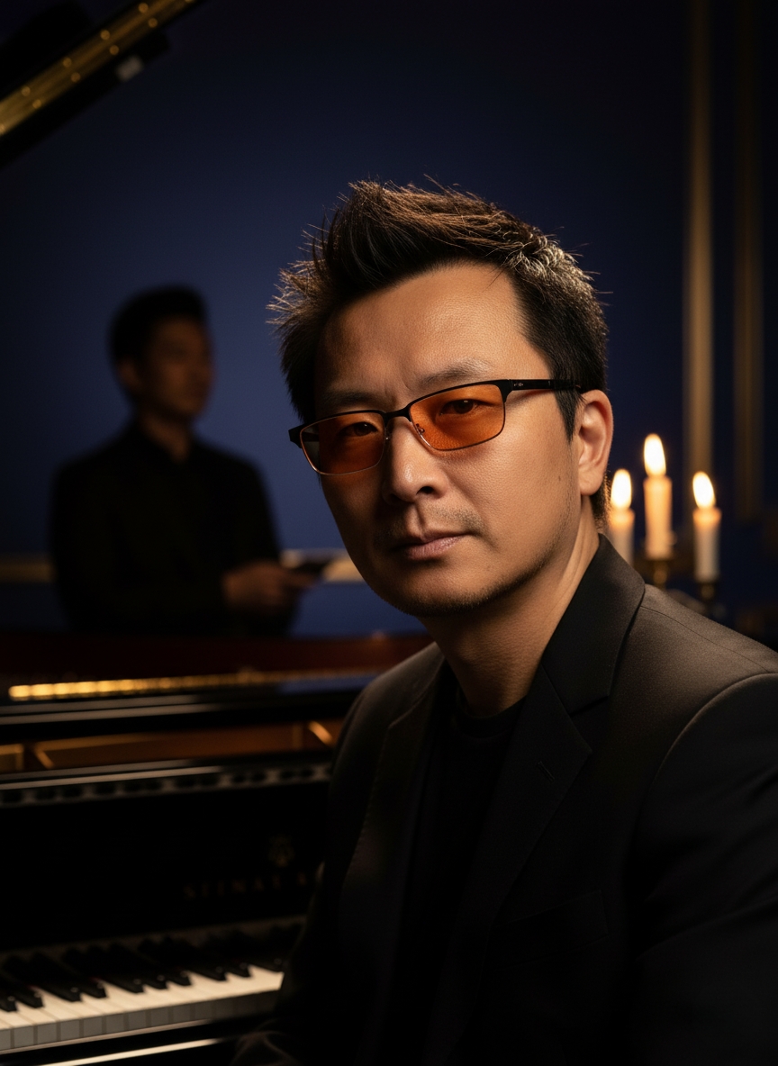 Dr. Archie Chen playing piano by candlelight