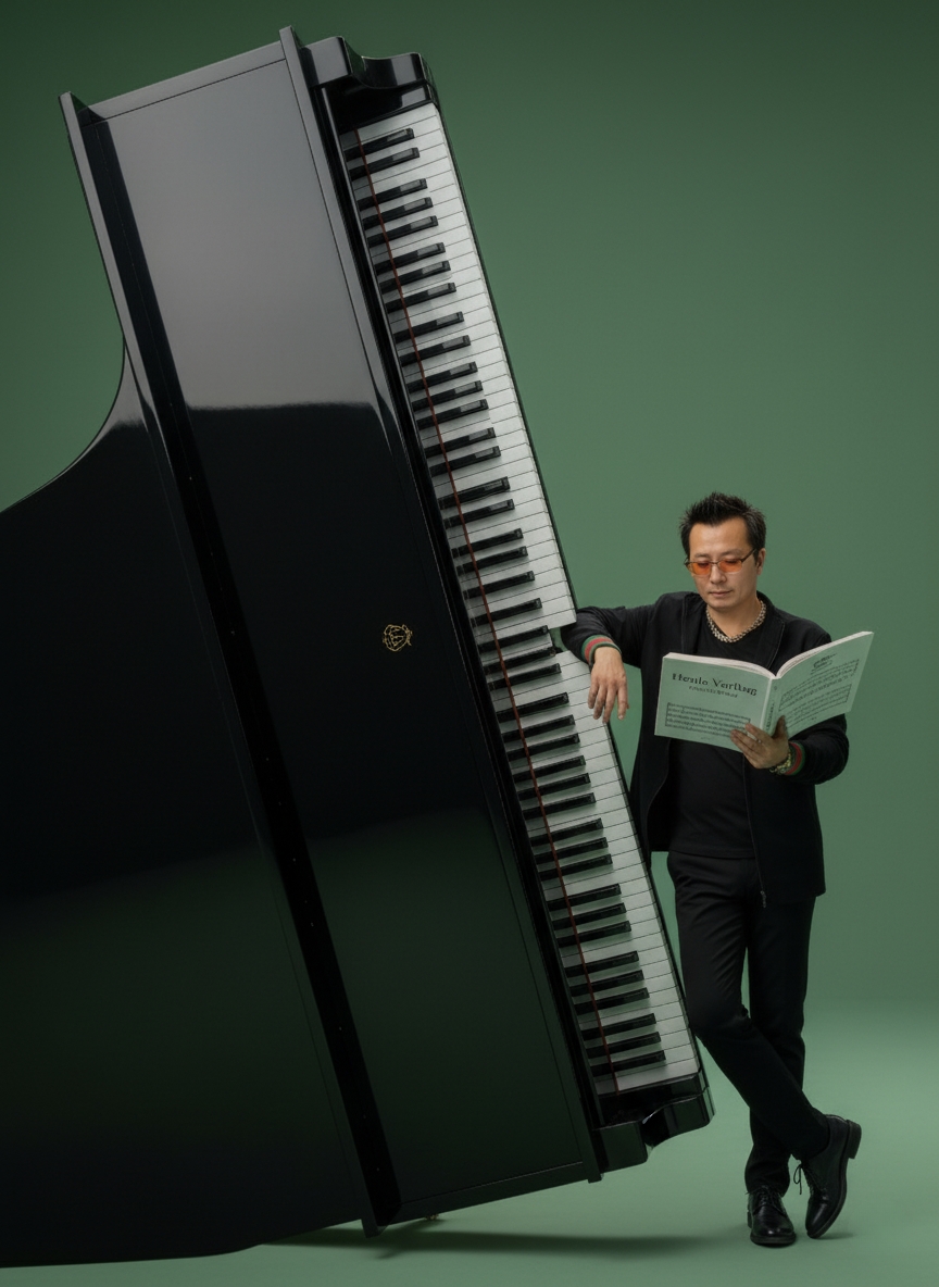 Dr. Archie Chen leaning on a grand piano