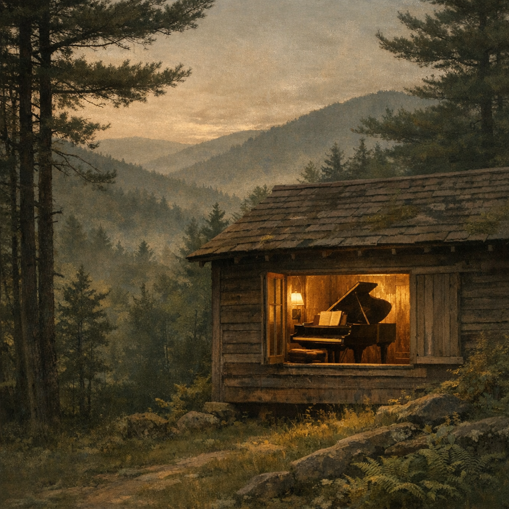 A solitary practice cabin with a grand piano visible through an open window, nestled among tall pines in the Green Mountains at dusk